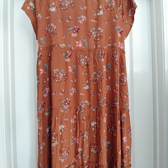 Natural Life Brown Floral Tiered Granola Soft Girl Square Neck Cottage Dress L - Picture 9 of 14